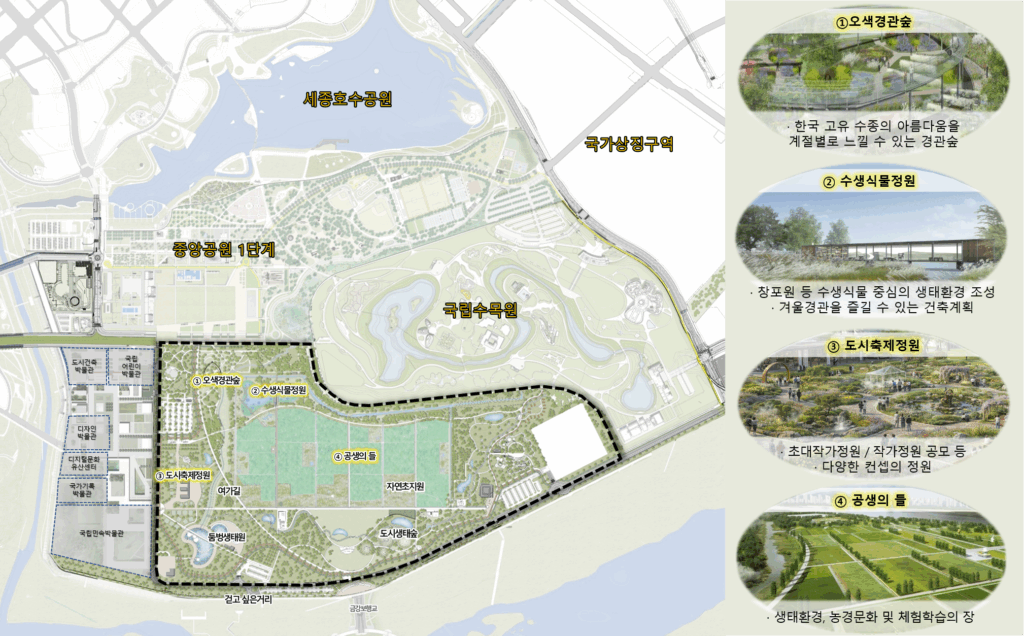세종 중앙공원 2단계 배치도 및 시설별 이미지 예시도
