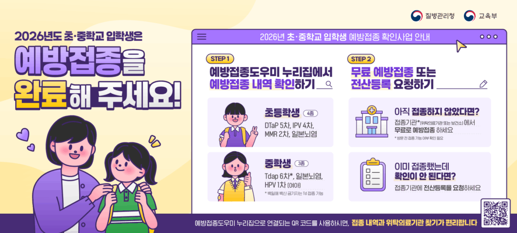 질병관리청은 2026년 초·중학교 입학생의 감염병 예방과 건강한 학교생활을 위해 입학 전 필수예방접종 완료를 권고하고 있다고 밝혔다. 