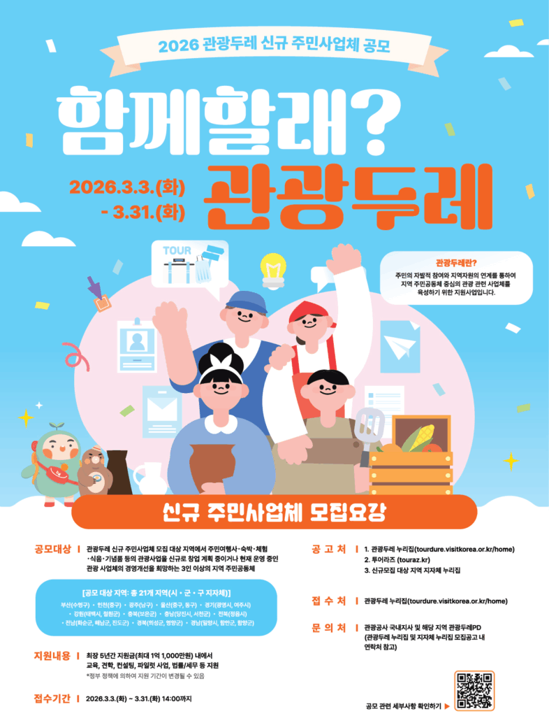 지역 주민이 직접 관광사업을 창업·운영하도록 지원하는 ‘2026년 관광두레 주민사업체’ 공모가 시작됐다. 